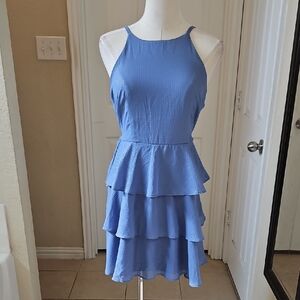 the general good Elegant Blue Ruffle Tiered Halter Mini Dress Size Medium